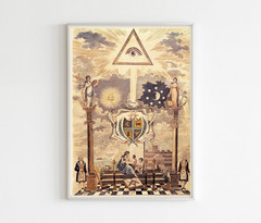 Masonic Temple Pillars and Crest, Freemasonry Print, Vintage Masonic Wall Art.