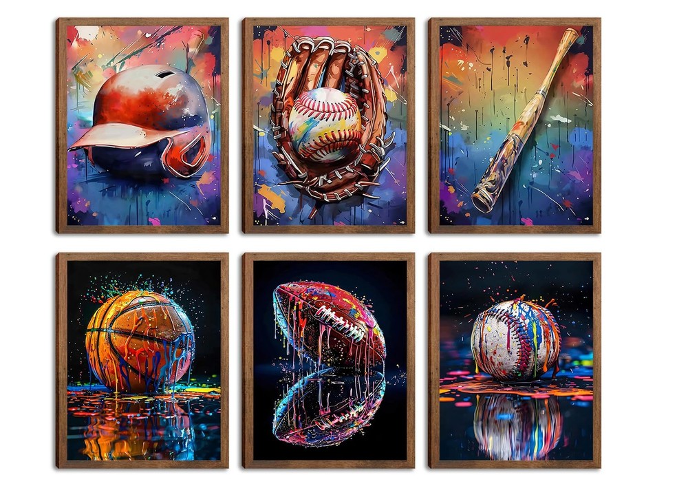 Basketball Baseball Sports Canvas Wall Art Set of 6, Vintage Graffiti Cool Po…