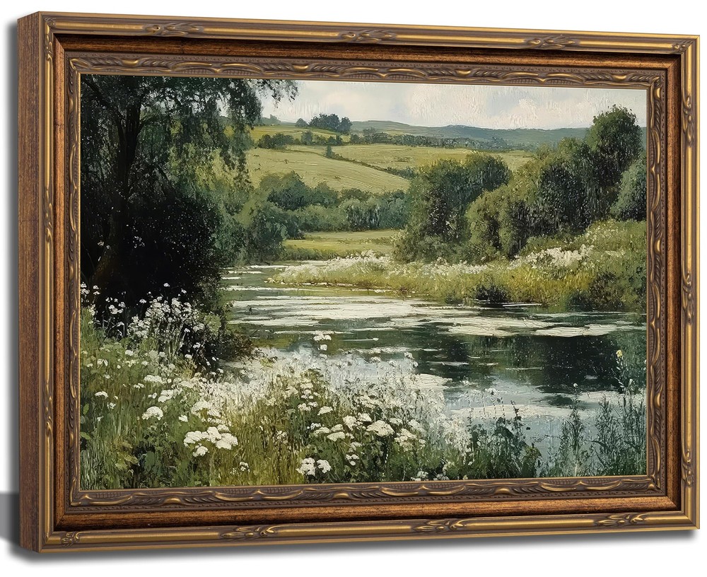 Vintage Gold Framed River Wall Art Green Nature Landscape Canvas Prints Rusti…