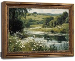 Vintage Gold Framed River Wall Art Green Nature Landscape Canvas Prints Rusti…