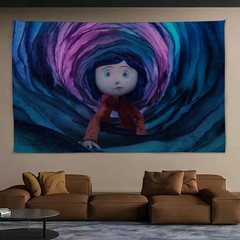 Funny Cool Coraline Cartoon Tapestry Wall Hanging for Bedroom Aesthetic Decor