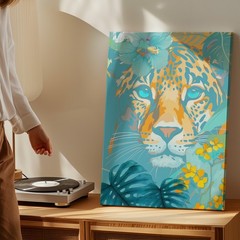Tropical Jungle Leopard Canvas Wall Art Blue Orange Floral Exotic Animal Print