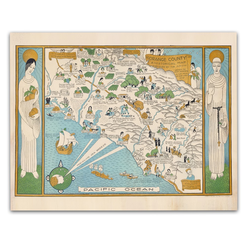 Orange County California 1929 Pictorial Map Vintage SoCal History Wall Print