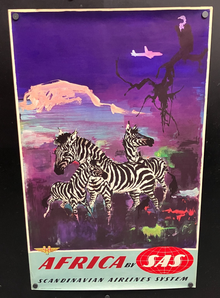 original c. 1955 AFRICA by SAS Scandinavian Airlines with Zebras 24×39 Poster