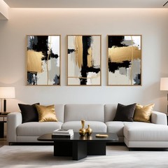Abstract Black Gold Framed Canvas Wall Art Set,Modern Minimalist Black White …