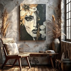 Wall Art Abstract Woman Face Canvas Print Black White Gold Floral Portrait Home