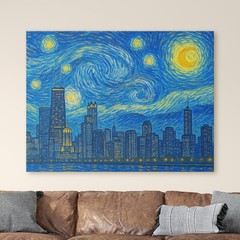 Chicago City Skyline Van Gogh Starry Night USA City Canvas Wall Art Print