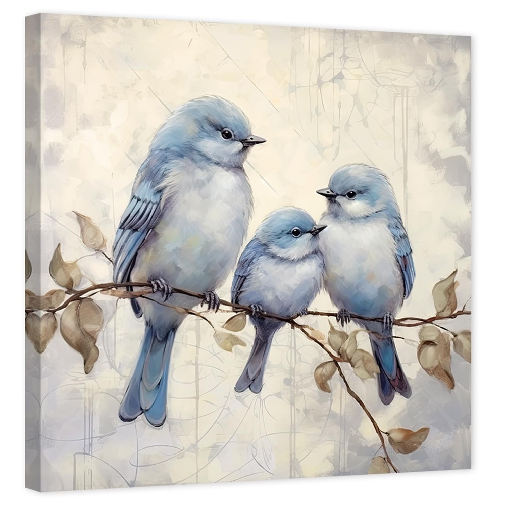 Canvas Wall Art – Love Birds Painting with Blue and Gray Birds, Tree Branches…