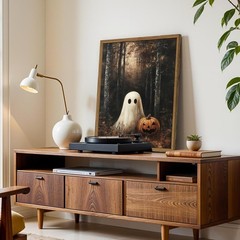 Framed Vintage Halloween Ghost Canvas Wall Art, Cute Ghost Pumpkin Wall Decor…