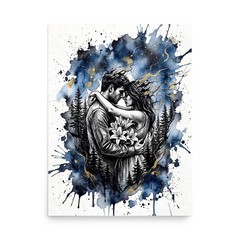 Surreal Lovers Embrace Ink and Watercolor Art Poster – Beauty Portrait Print