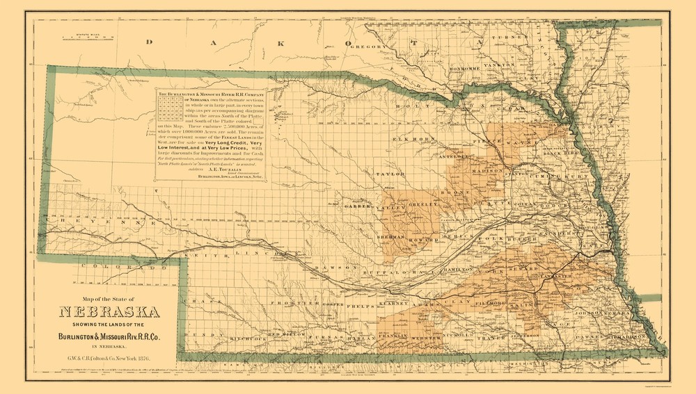 Railroad Map – Burlington and Missouri River Railroad – Colton 1876 – Vintage