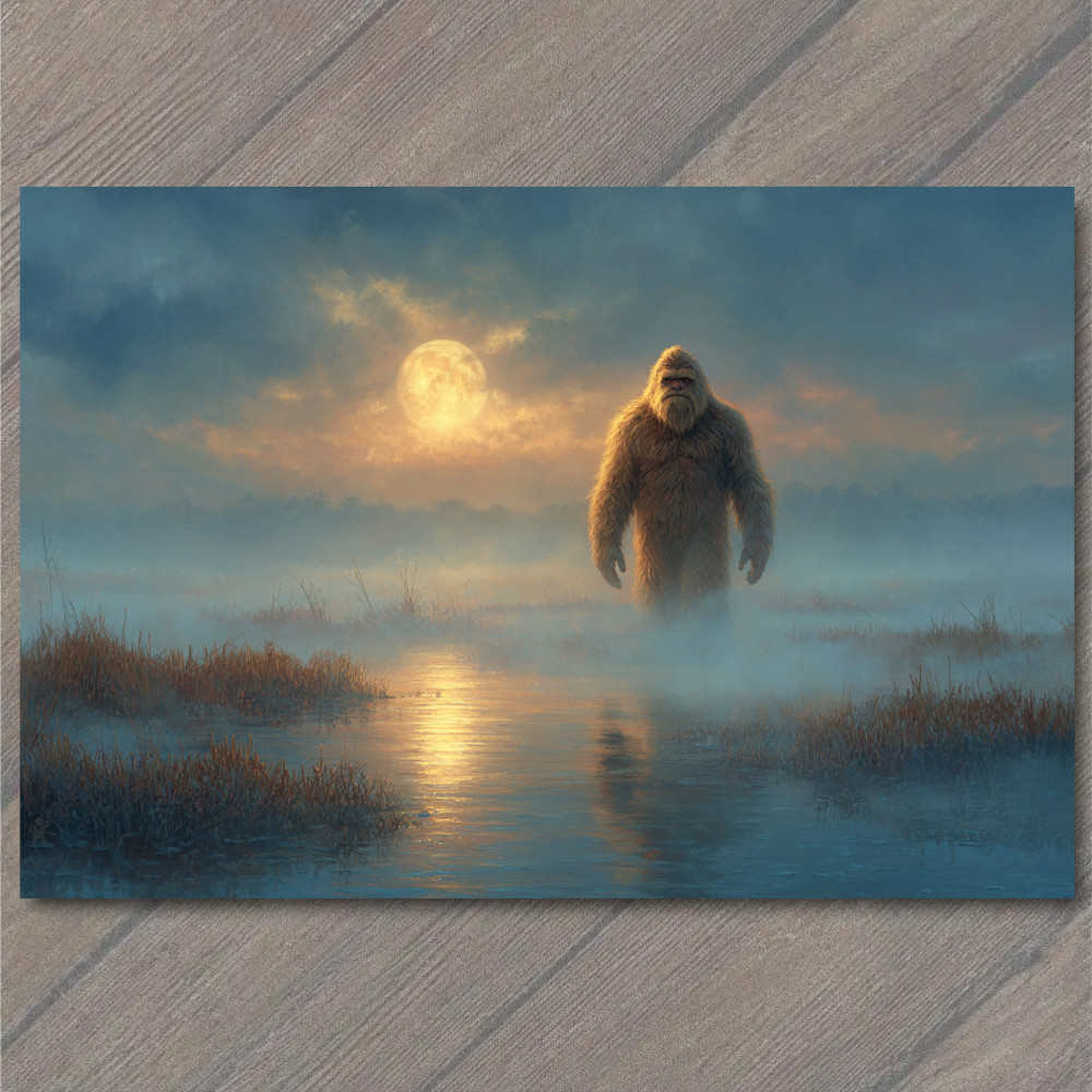 Art Print Bigfoot Moonlit Marsh Foggy Lake Creature Silhouette Night Wilderness