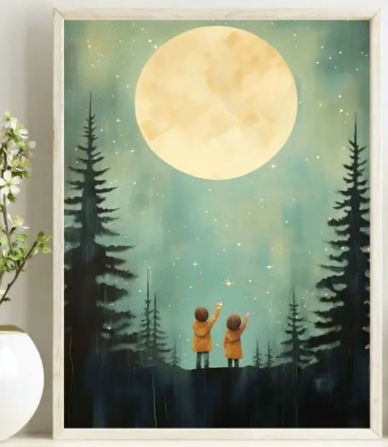 Whimsical Children Gazing at Full Moon Starry Night Sky Canvas Art Print 2 Sizes