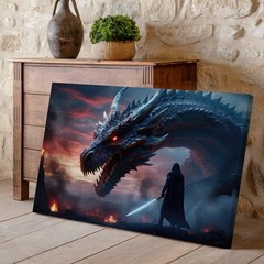 Dramatic Fantasy Scene Featuring A Massive, Intricately Detailed Dragon Wall Art