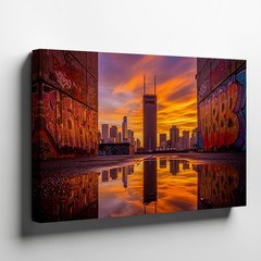 Urban cityscape canvas wall art sunset reflection graffiti street scene print