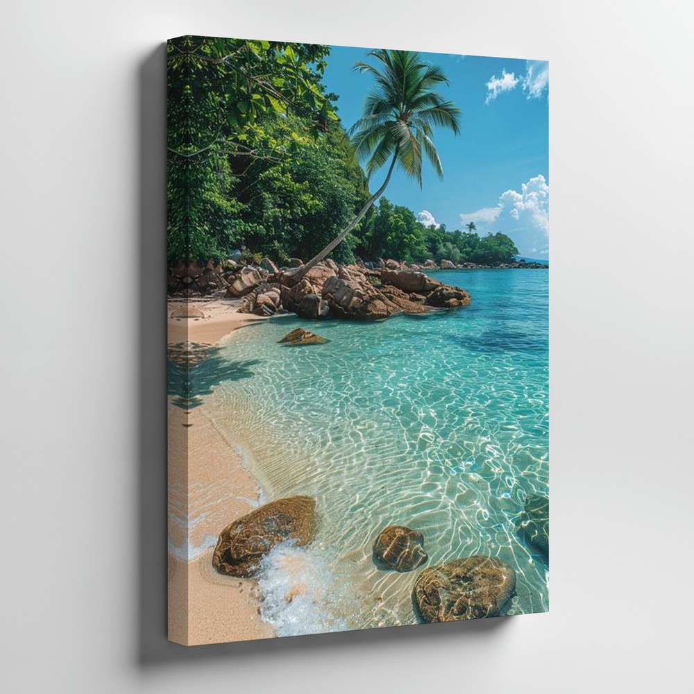 Tropical Beach Canvas Wall Art Clear Ocean Water Palm Trees Landscape Print