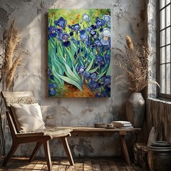 Blue And White Iris Flowers Garden Nature Canvas Wall Art Floral Painting Home