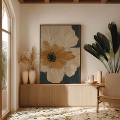Mid Century Modern Floral Wall Art Abstract Flower Poster Beige Orange Art Print