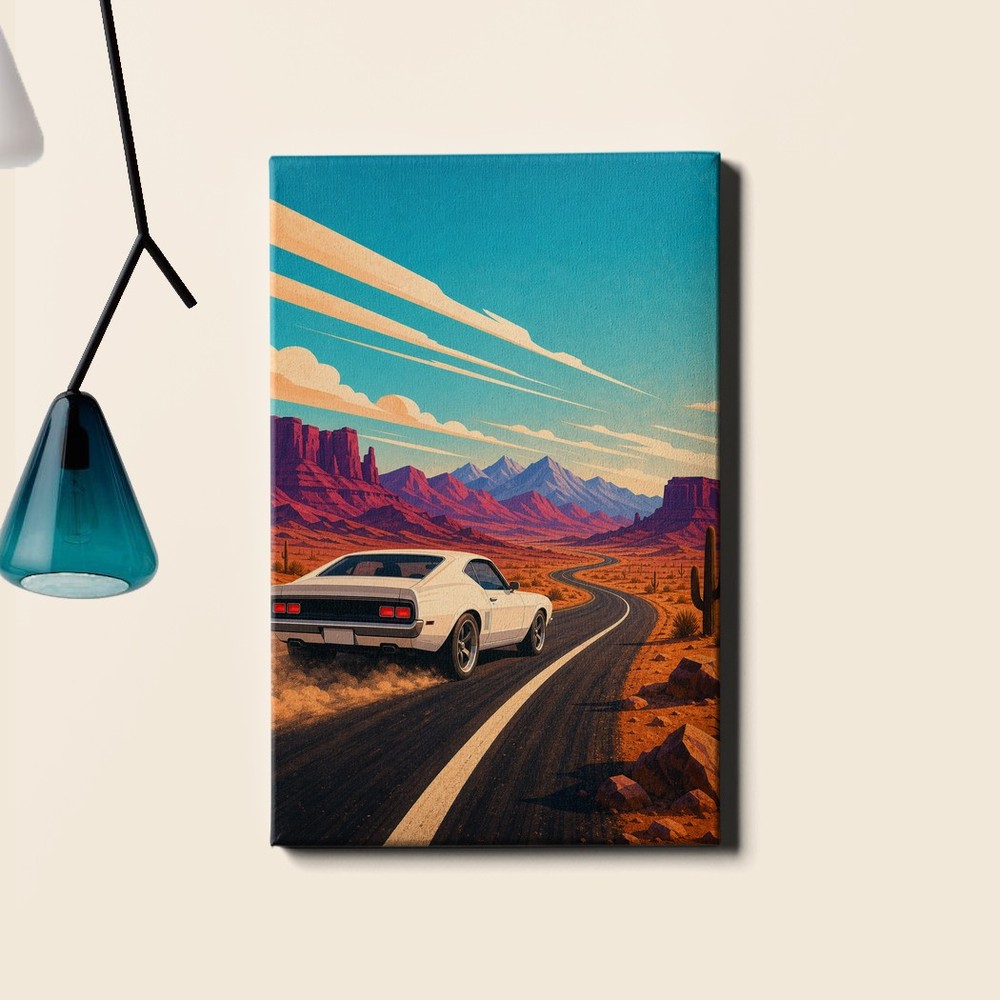 Classic Muscle Car Canvas Print Desert Road Trip Automotive Art