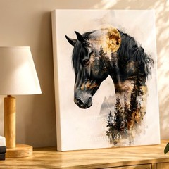 Wall Art Black Horse Forest Moon Portrait Fantasy Animal Canvas Print Decor