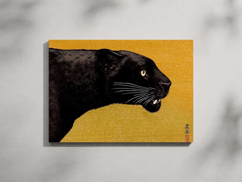 Vintage Japanese Wildlife Canvas Print, Black Panther Style Art Poster