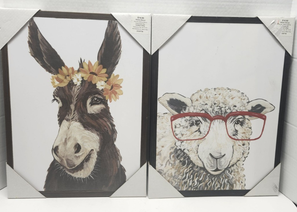 2) Whimsical Animal Prints Donkey & Sheep Hobby Lobby NEW 16 x 12″