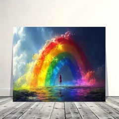 Girl Standing Under Giant Rainbow Dreamy Cloud Canvas, Fantasy Kids Room Wall