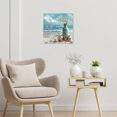 Coastal Starfish with White Flower in Vintage Vase on Teal Beach Scene Canvas…