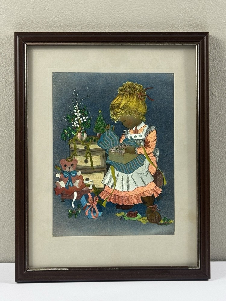 Vintage Christmas Foil Art Print Girl Teddy Bear Cat Framed Holiday Wall Decor