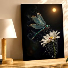 Wall Art Dragonfly on Daisy Flower Moonlight Fantasy Nature Print Home Decor