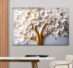 Golden Blooming Tree Wall Art – White Flower Glass Print for Elegant Decor
