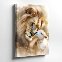 Wall Art Lion and Lamb Canvas Print Neutral Animal Portrait Farm Safari Decor
