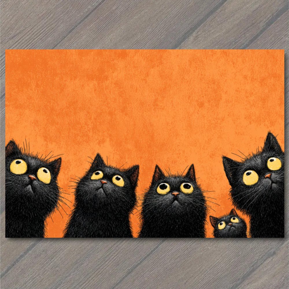 Art Print Five Cats Staring Funny Whimsical Feline Orange Backdrop
