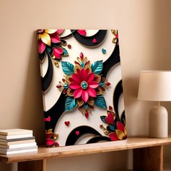 Wall Art Abstract Floral Heart Design Black Gold Pink Teal 3D Canvas Print Decor