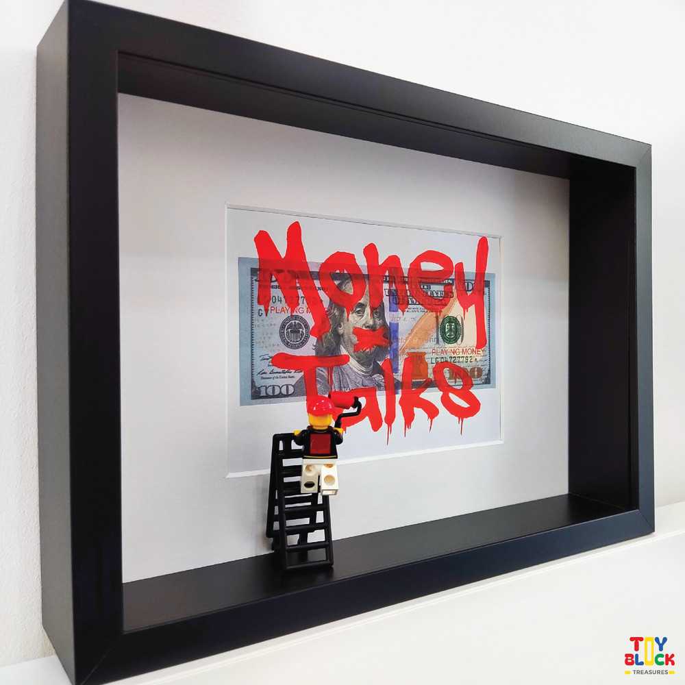 Office Money 3D Wall Art, Shadow Box Frame with Hand-Painted Graffiti & Minifig