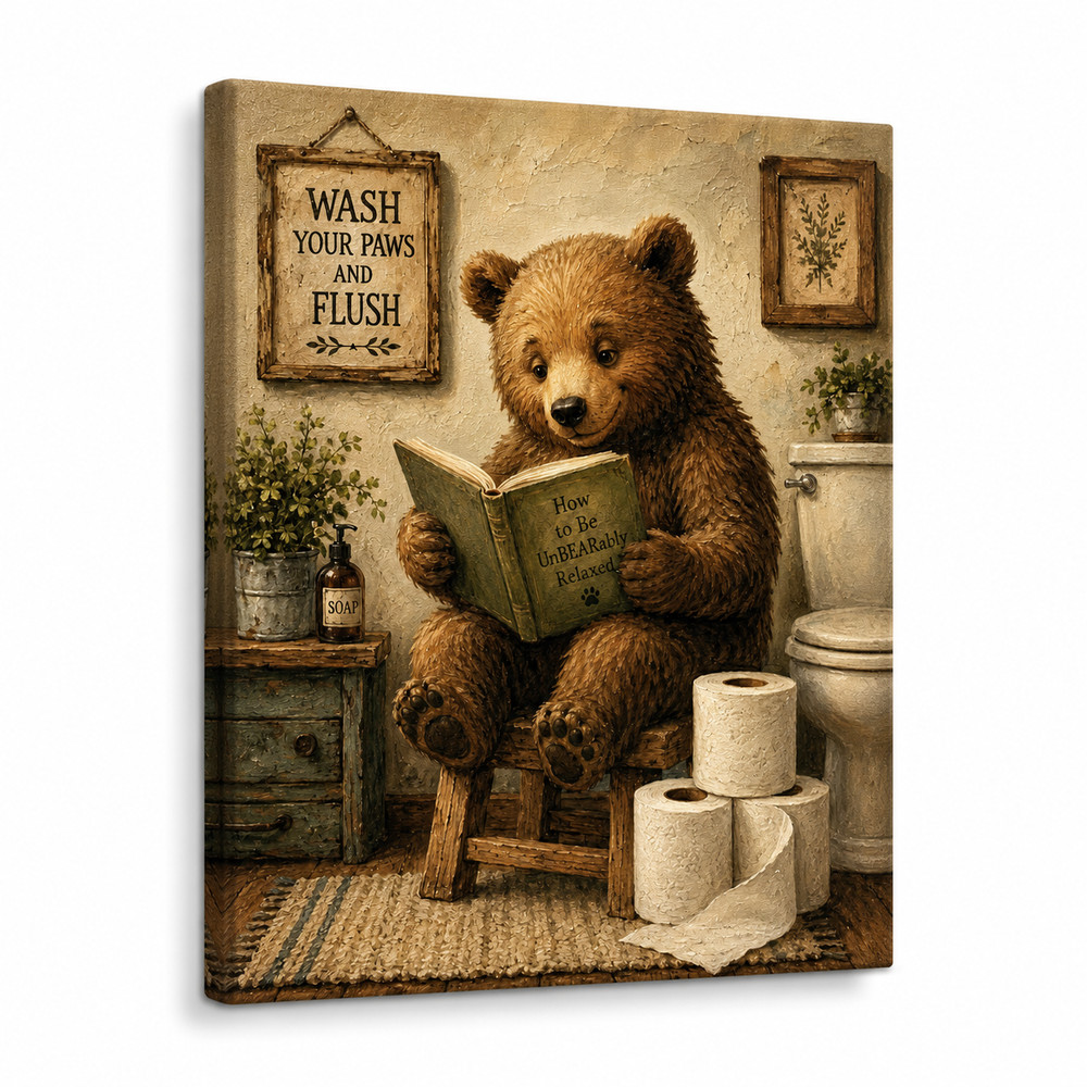 🐻 «Un BEAR ably Relaxed» Funny Bear Bathroom Canvas Wall Art 🐻