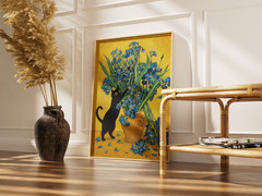 Black Cat Iris Poster, Blue Floral Oil Painting Wall Art Home Decor Gifts Prints