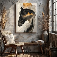 Black Horse Canvas Wall Art With Mountain And Forest Landscape Abstract Print