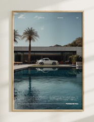 Vintage Car Poster – Minimalist Print – Porsche 911 by the Pool Wall Art Decor