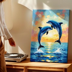 Wall Art Dolphin Pair Ocean Sunset Canvas Print Colorful Coastal Home Decor