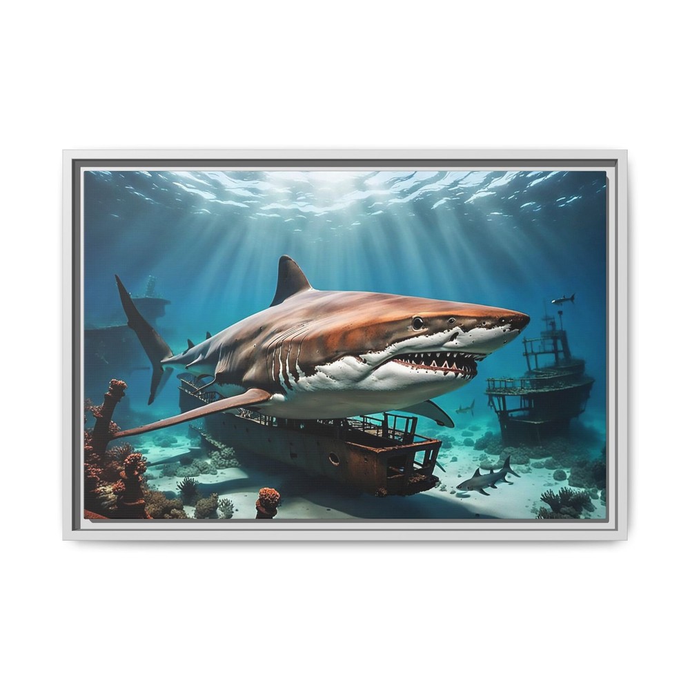 Jaws of the Deep Sea Shark Art Framed 3D Canvas Home Berrier Reef