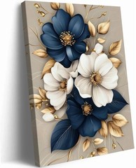 Modern Floral Canvas Wall Art Blue White Gold Flowers Wall Decor Pictures Flo…