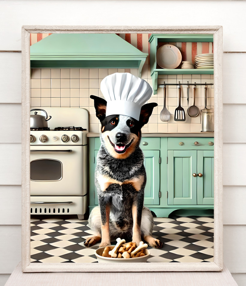 Heeler/Cattle Dog Chef Kitchen Art Print – Cute Retro Wall Decor for Dog Lovers