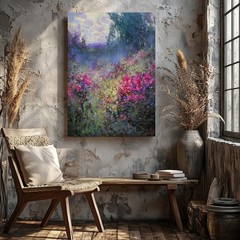 Colorful Floral Garden Canvas Wall Art Abstract Nature Painting Pink Purple Blue
