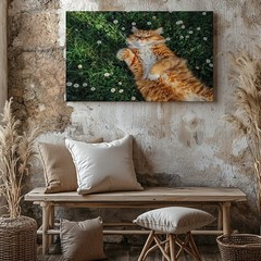 Orange Tabby Cat Relaxing on Grass with White Flowers Canvas Wall Art Print