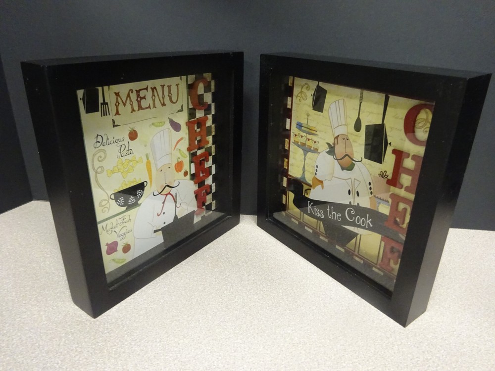 Set of 2, Wall Decor Kitchen Chef Glass Front Dioramas approx 7.25″ Sq x 1″ Deep