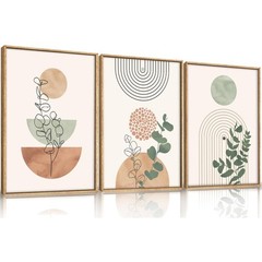 Boho Terracotta Green Framed Canvas Wall Art Set, Abstract Bohemian Wall Deco…