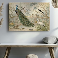 Vintage canvas wall art featuring peacock wildlife birds rabbit and crane scene