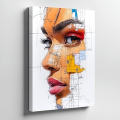 Abstract Modern Female Portrait Canvas Art With Geometric Shapes And Sketch