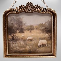 Vintage Pastoral Sheep Landscape Framed Mini Wall Art (5.71″x6.1″)
